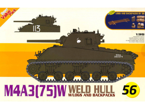 9156 Dragon Американский средний танк M4A3 (75) с сварным корпусом + бревна и рюкзаки (1:35)